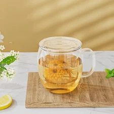 Heat resistant glass cup, tea cup with handle, transparent flower tea cup