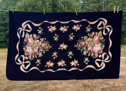 Victorian Style Hand Hooked Rug Interior Design Cabbage Roses on Black 58X35 in - Picture 11 of 11