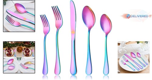 20 Piece Rainbow Stainless Steel Flatware Set, Colorful Utensils for 4, Dishw... - Picture 2 of 9