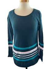 T by TALBOTS Blue White Striped Hem Round Neck Lightweight Knit Sweater XS