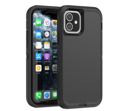 iPhone 12 or 12 Pro Heavy Duty Defender 3 Layer Full Body Protective Case Black