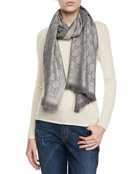 GUCCI Silver Shimmery GG Pattern Jacquard Wool Fringe Trim Rectangle Scarf  70x19 | eBay