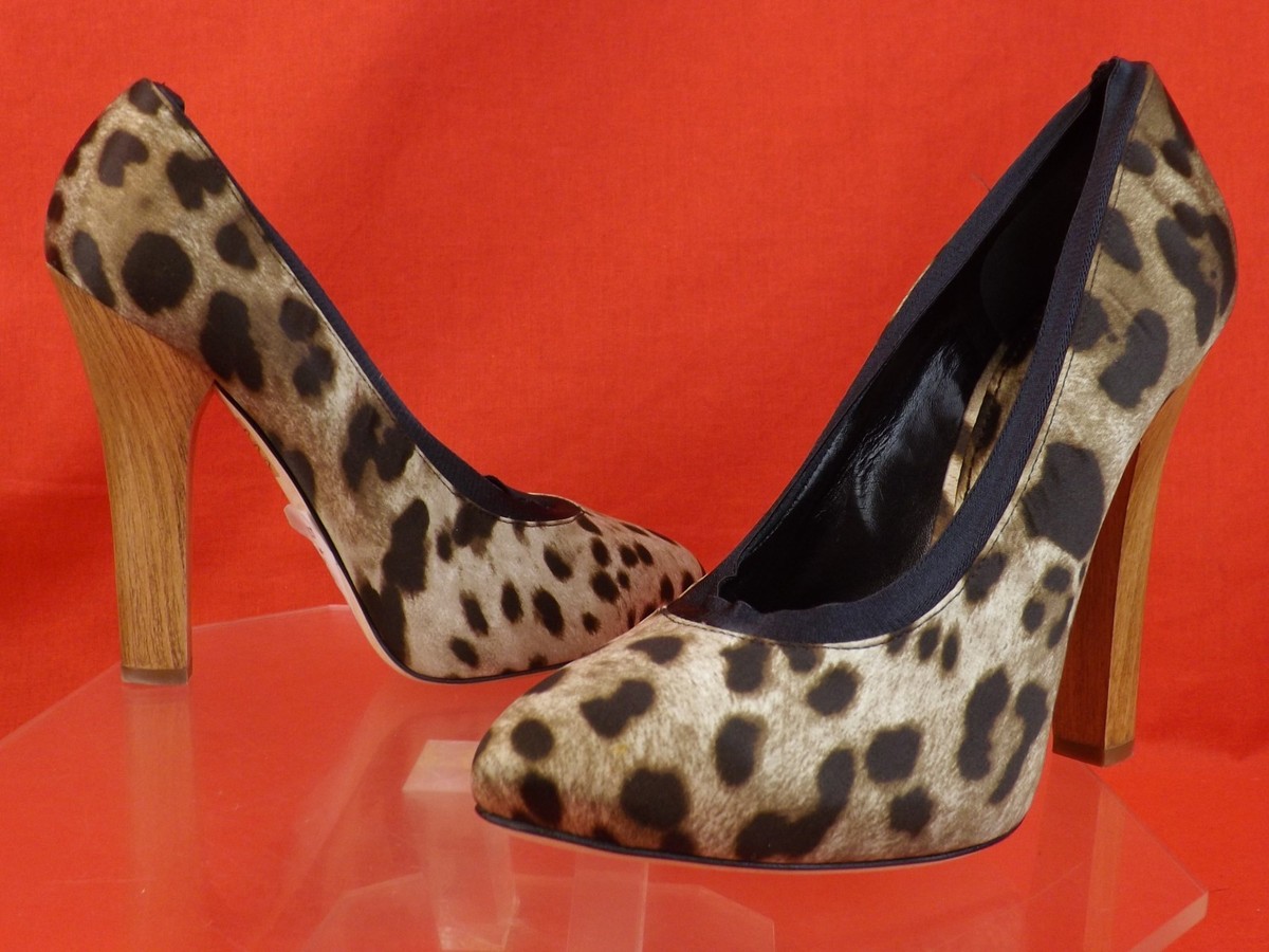 NEW DOLCE GABBANA BROWN LEOPARD PRINT SILK WOODEN HEEL PLATFORM PUMPS 40  $695