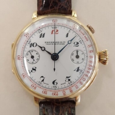 Eberhard Yellow Gold Chronograph Manual Wind Mono Pusher Leather 39mm Square