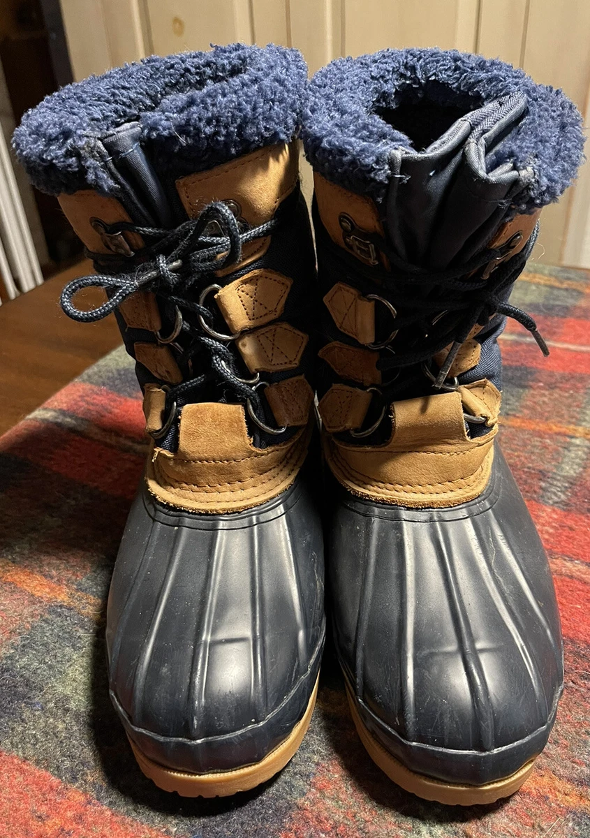 VTG Men s 8M EUC Eddie Bauer Duck Boots Blue Tan Leather Rubber
