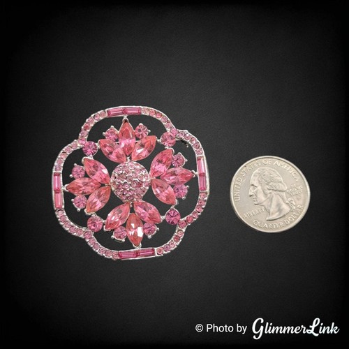 Vintage Pink Rhinestone Flower Rhodium Plated Brooch Pin - Picture 4 of 5