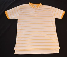 VINTAGE 1980's Tonix NO LOGO Collared Polo Shirt Yellow White Stripe XL Preppy