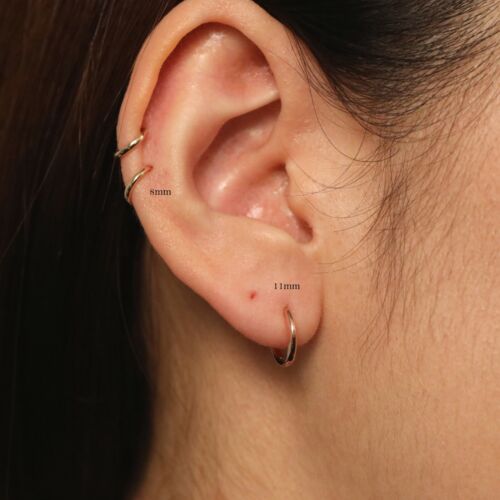 Simple 14K Solid Gold Tiny 8mm Huggie Hoop Earrings for Pair - Picture 2 of 4