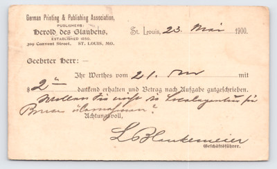 1900 Herold des Glaubens Receipt St Louis MO Postal Card German Publishing