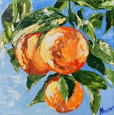 Orange Painting Tree Branch Original Art Citrus Fruit Still Life Small Vegetable