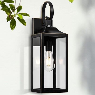 Black Outdoor Wall Lantern 19'', Large Outside Farmhouse Wall Sconce Light Fix...