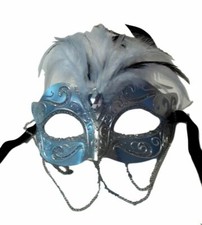 Silver Metallic Venetian Masquerade Mask Small Chains White Feathers