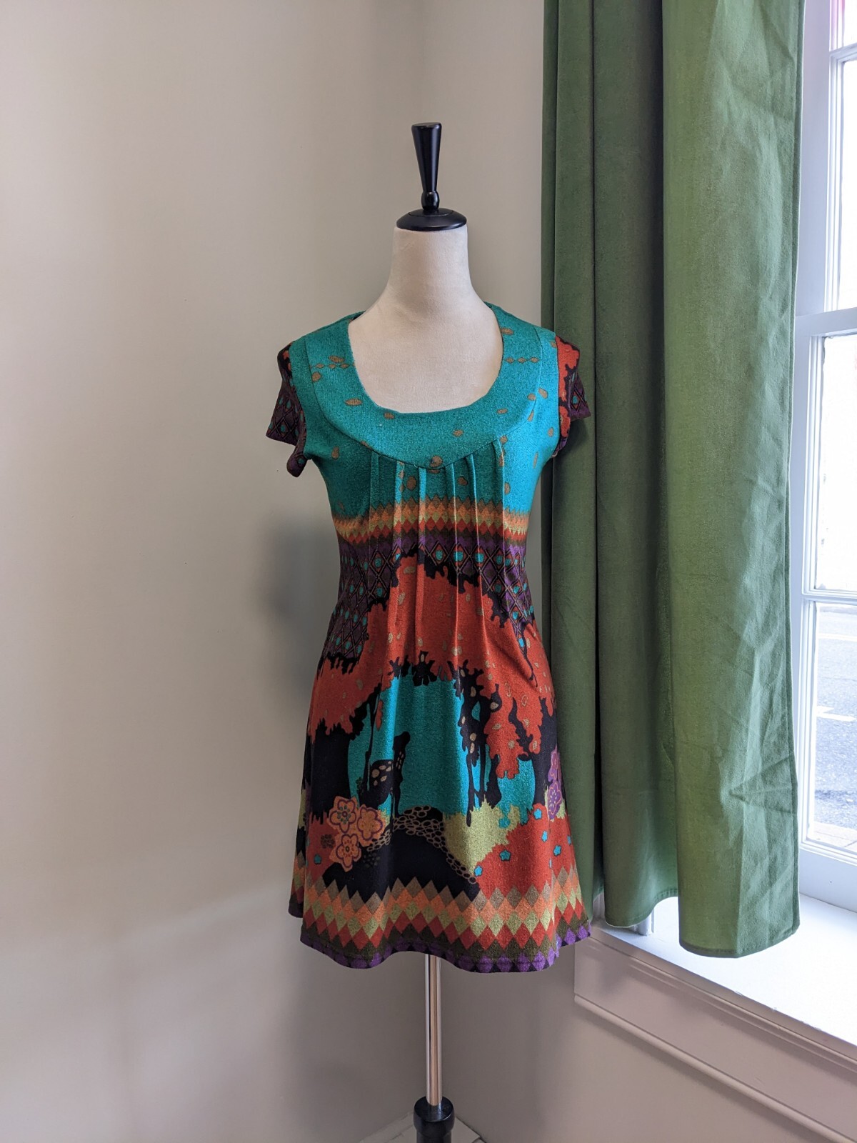 Indie boho fairycore dress with deer motif in modern Anthropologie style  