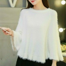 Women Batwing Sleeve Cloak Jumper Embroidered Sweater Faux Mohair Pullover