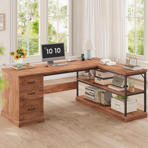 L Shaped Computer Desk, Farmhouse Corner Desk with 3 Drawers & Storage Shelves - Picture 15 of 41