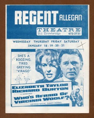 Regent Theater Handbill Flyer, Vintage 1966-1967, Elizabeth Taylor 1960s Retro
