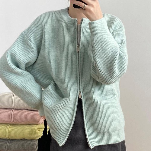 Double zipper solid color sweater cardigan blouse women - Bild 11 von 15