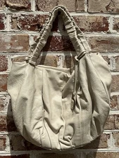 Furla Large Double Handle Beige Leather Handbag Silver Tone Hardware Italy