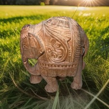 Vintage Elephant Figurine Hand Carved Decorative Natural Hardwood 4&rdquo;H x 3.75&rdquo;L