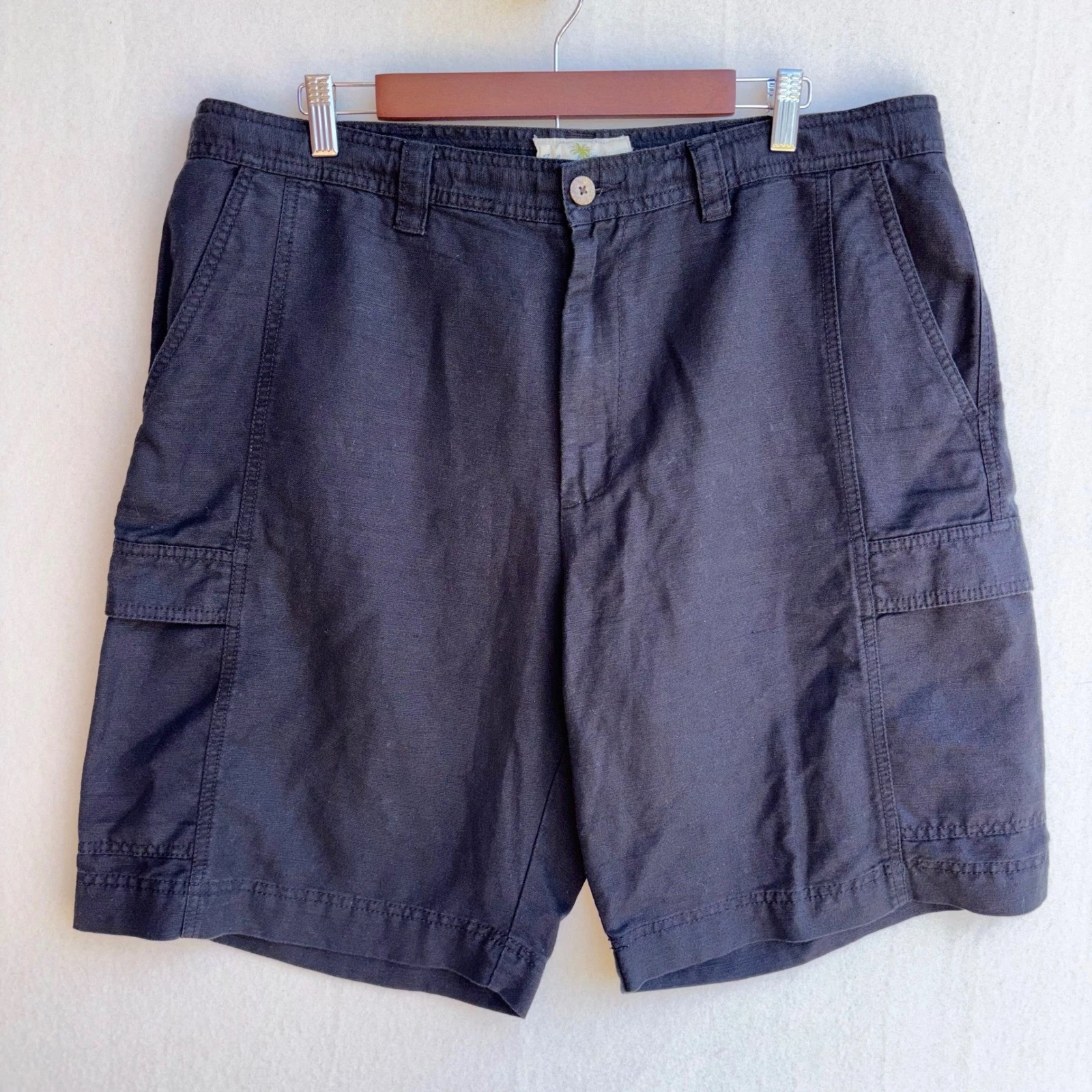 MEN'S LINEN CARGO SHORTS 10 Inch Inseam 38 Black Y2K Relaxed Breathable Cotton