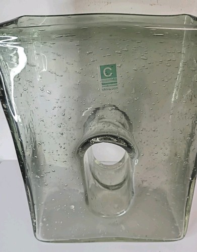 Chive Co Smokey Green Art Glass Hand Blown Thick Bubble Vase w/Donut Hole 8x6x3” - Picture 2 of 5