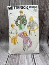 Butterick 3936 Misses Loose Puffy Sleeve Blouses Bow Sz 14 VTG 1980s Cut
