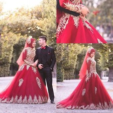 Muslim Long Wedding Dresses High Neck Long Sleeves Tulle Appliques Bridal Gowns