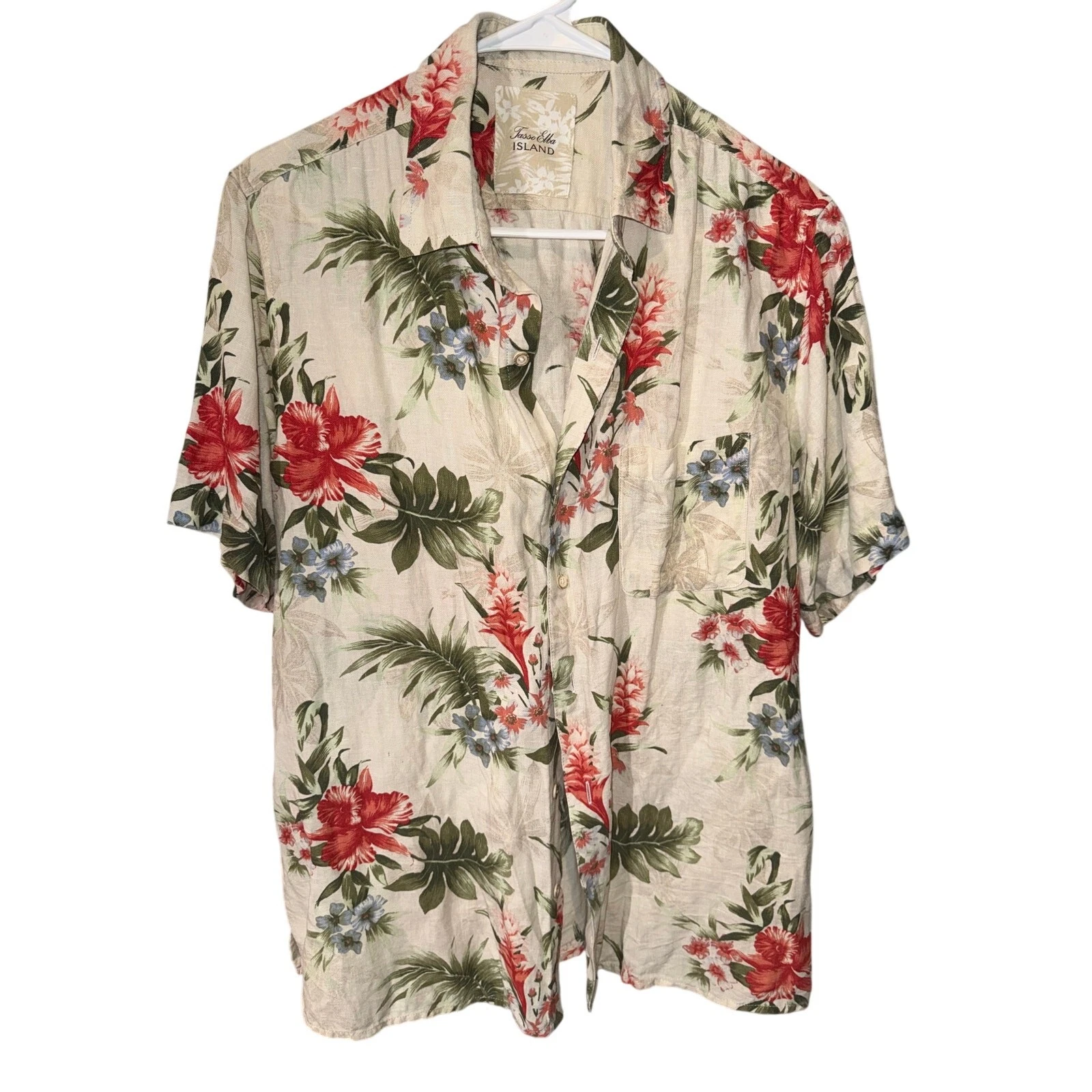 Tasso Elba Island Khaki Floral Hawaiian Shirt Button-Up Short Sleeve Size L