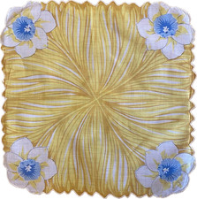 Vintage Square YELLOW  BLUE Flower Scalloped Edge Handkerchief