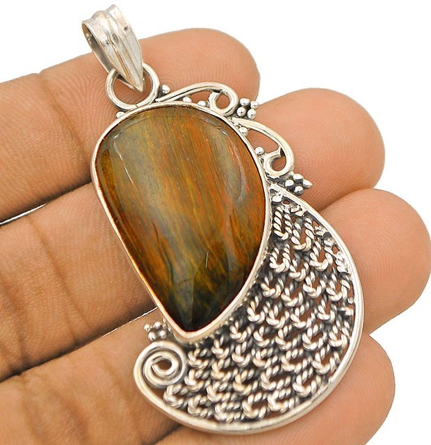 Natural Tiger Eye Africa 925 Solid Sterling Silver Filigree Pendant