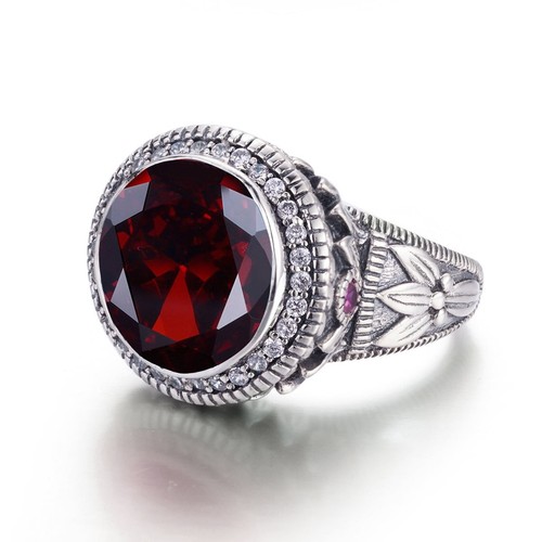 925 Silver Garnet Statement Ring | Bold Vintage Red Gem Jewelry Handmade Size 9 - Picture 2 of 10