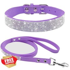 Haoyueer Suede Dog Collar Leash Purple XS Rhinestone Crystal