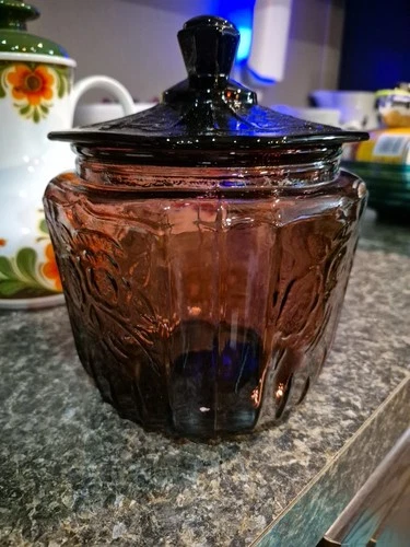 Amnethyst Glass Biscuit Cookie Jar Mayfair Open Rose Pattern Miles Kimble