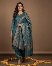 Silk Blend Teal Salwar Kameez Set with Dupatta, Floral Pattern, Long Sleeve