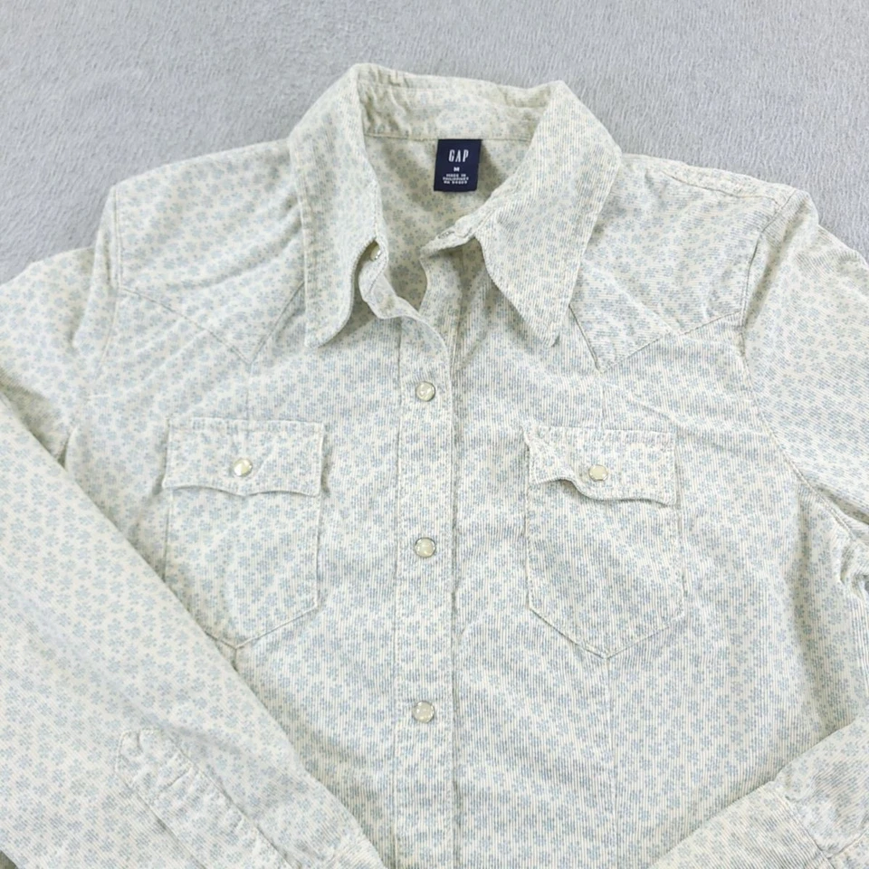 GAP Western Топ женщин средний белый синий цветочный печать Snap спереди хлопок ковбой - Изображение 2 из 4