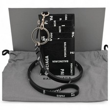 Auth BALENCIAGA Lanyard Card Case with Strap Black Lambskin 594548 ba5620cc
