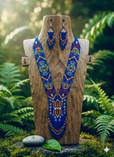 Handmade Blue Seed Bead Necklace Earrings Set Tribal Boho Statement Jewelry