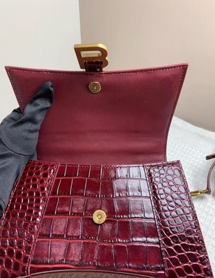 Balenciaga Hourglass S Crocodile Embossed Calfskin Burgundy Gold