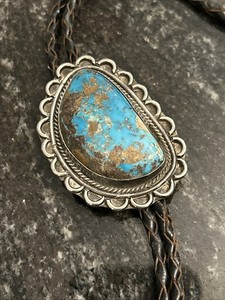 Vtg Bennett Bolo Tie C-31  Navajo Native American Silver Turquoise Stone Large