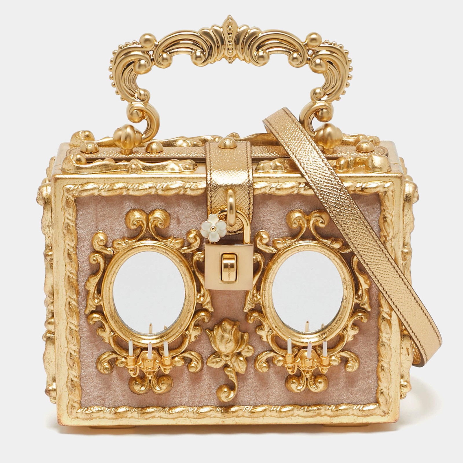 Dolce Gabbana GoldBeige Wood and Velvet Mirror Box Regine Top Handle Bag