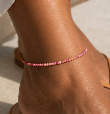 Dainty Pink Rhodonite Crystal Anklet Minimalist Foot Chain Bracelet for Women