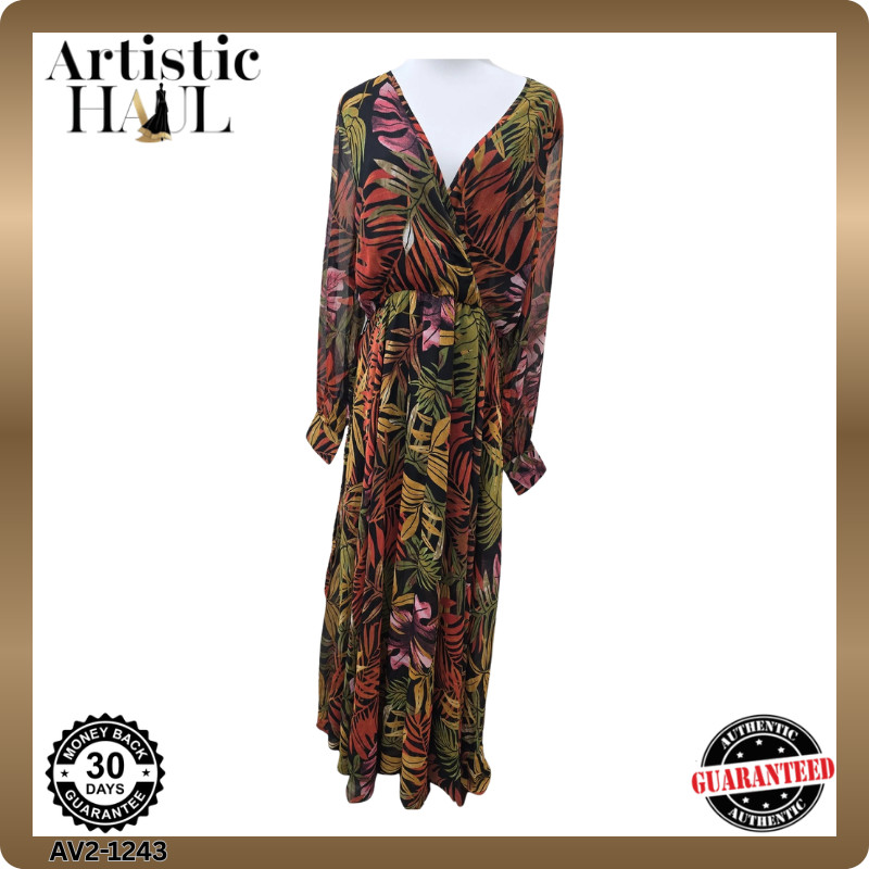 Spy Zone Exchange L Multicolor Floral Gasa Maxi Vestido Manga Larga Cuello en V