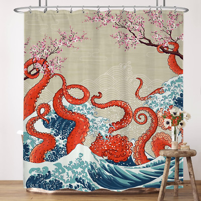 Cherry Blossom Octopus Shower Curtain 60Wx72H Inches Vintage Japanese Ocean Wave