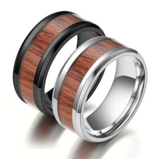 Men's Women's Wooden Wood Inlay Ring Simple Stainless Steel Jewelry US Size 6-13