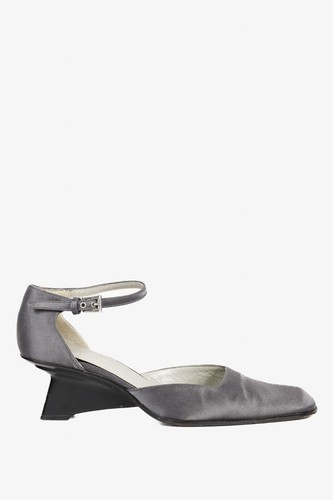 Prada Vintage Pewter Grey Satin Ankle Strap D'Orsay Pumps, Size 6