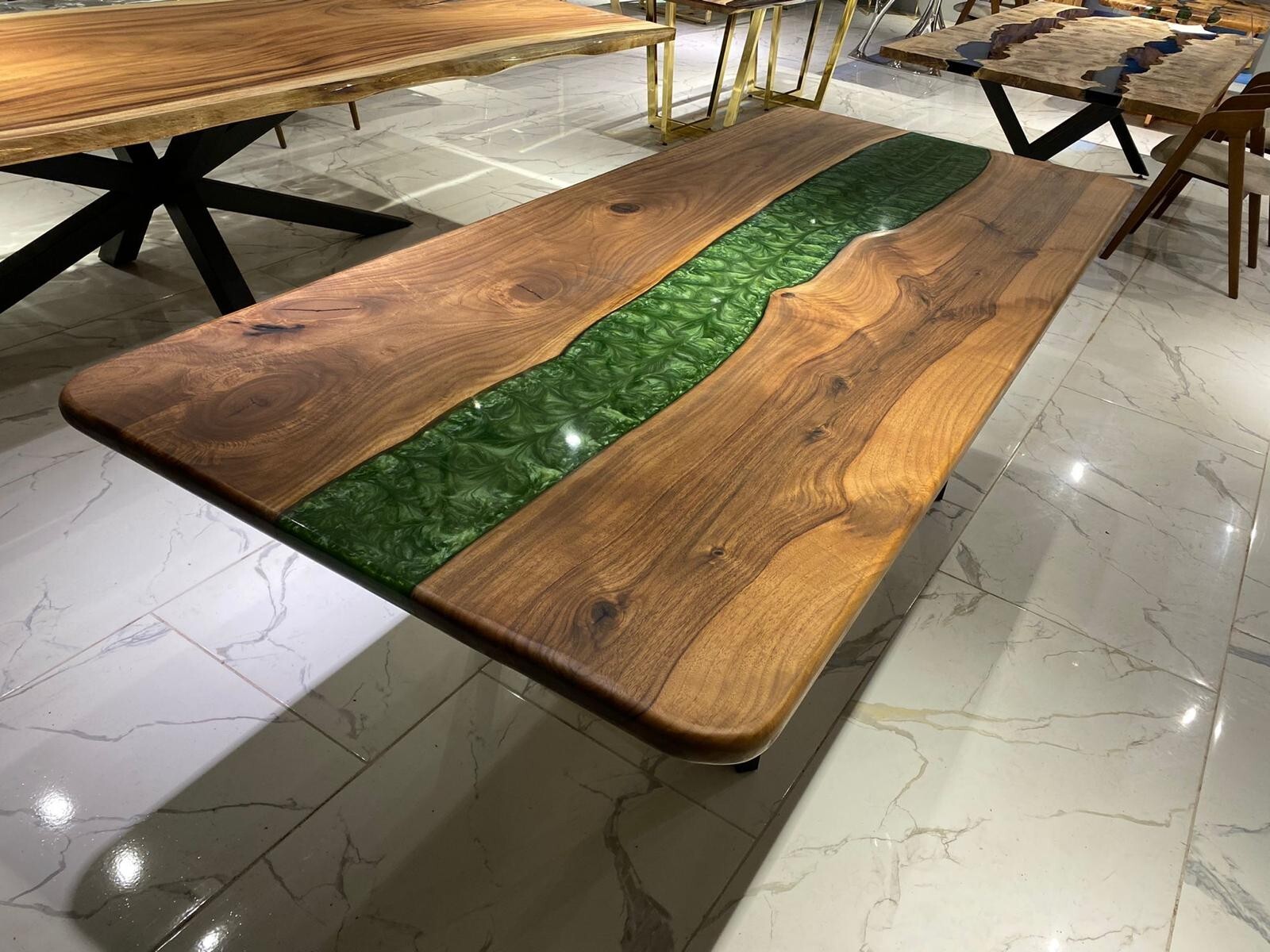 Green Epoxy Walnut Dining Table 80x40 Inches Live Edge Wood Table  -image