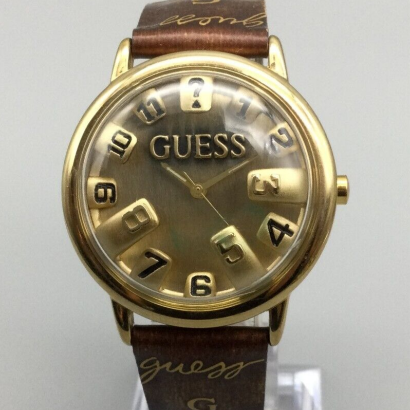 Vintage Guess Watch Unisex 36mm Gold Tone 3D Dial Leather Vintage Guess Watch Unisex 36mm Gold Tone 3D Dial Leather