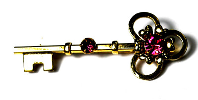 Gold Filled Linc Key Pink Rhinestone Brooch Pin 56mm x 23mm
