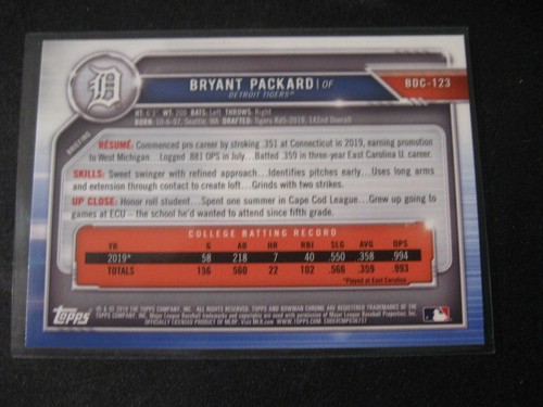 BRYANT PACKARD 2019 1st Bowman Chrome Draft BDC-123 Detroit Tigers - Picture 2 of 2