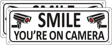 Smile You're on Camera Sign 2 Pack Video Surveillance Sign Metal 10" x 3.5" H...